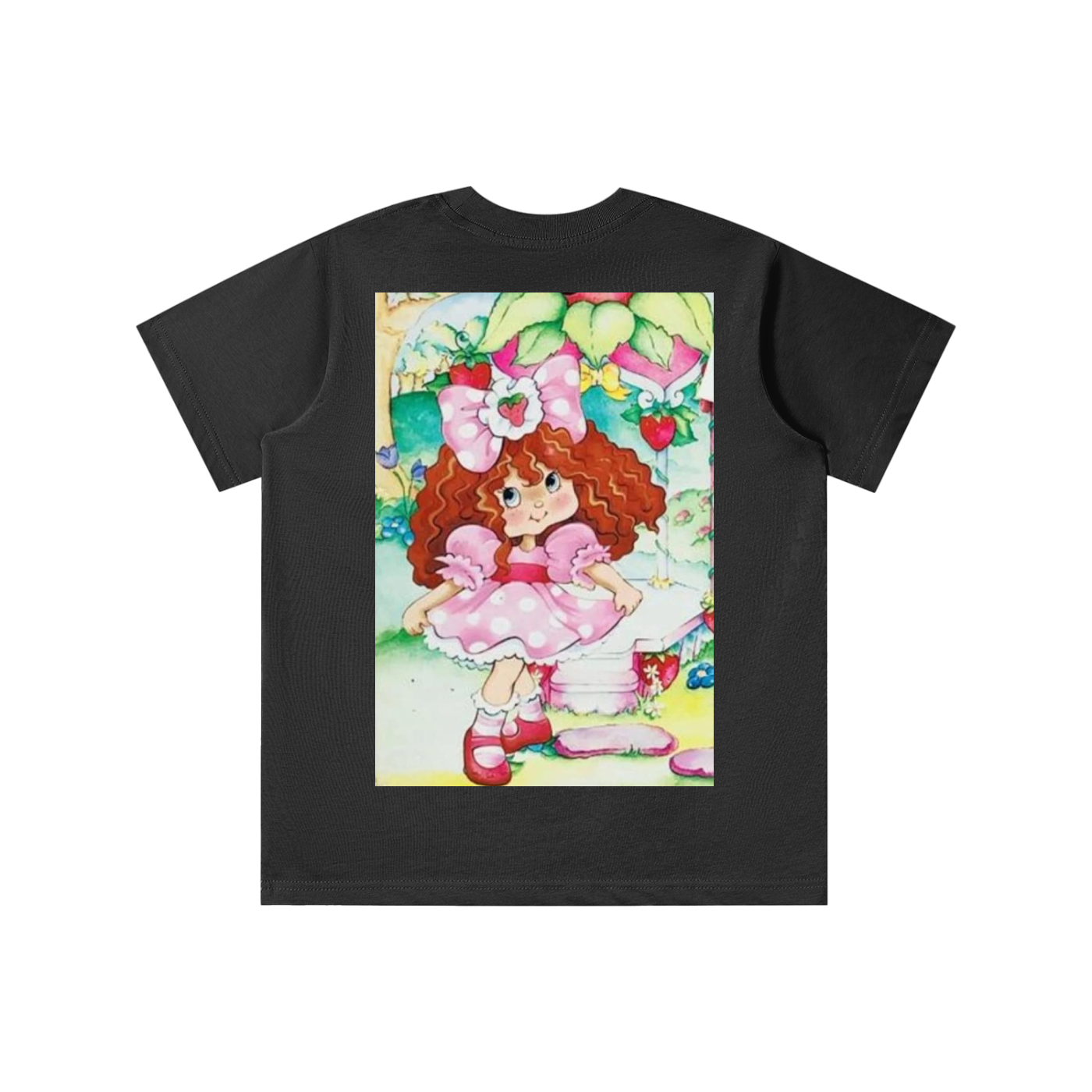 Black t-shirt with a colorful graphic of a cartoon character on a white background