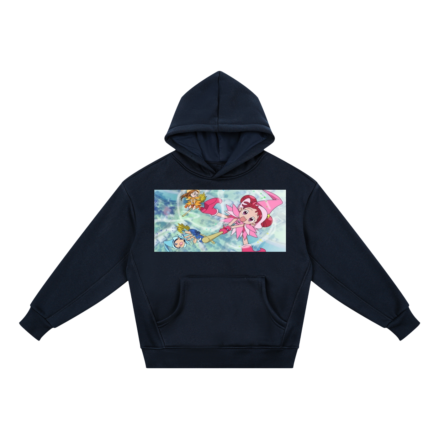 A navy blue pullover hoodie with a rectangular graphic print on the chest featuring anime characters in a pink and blue scene, displayed against a solid white background.