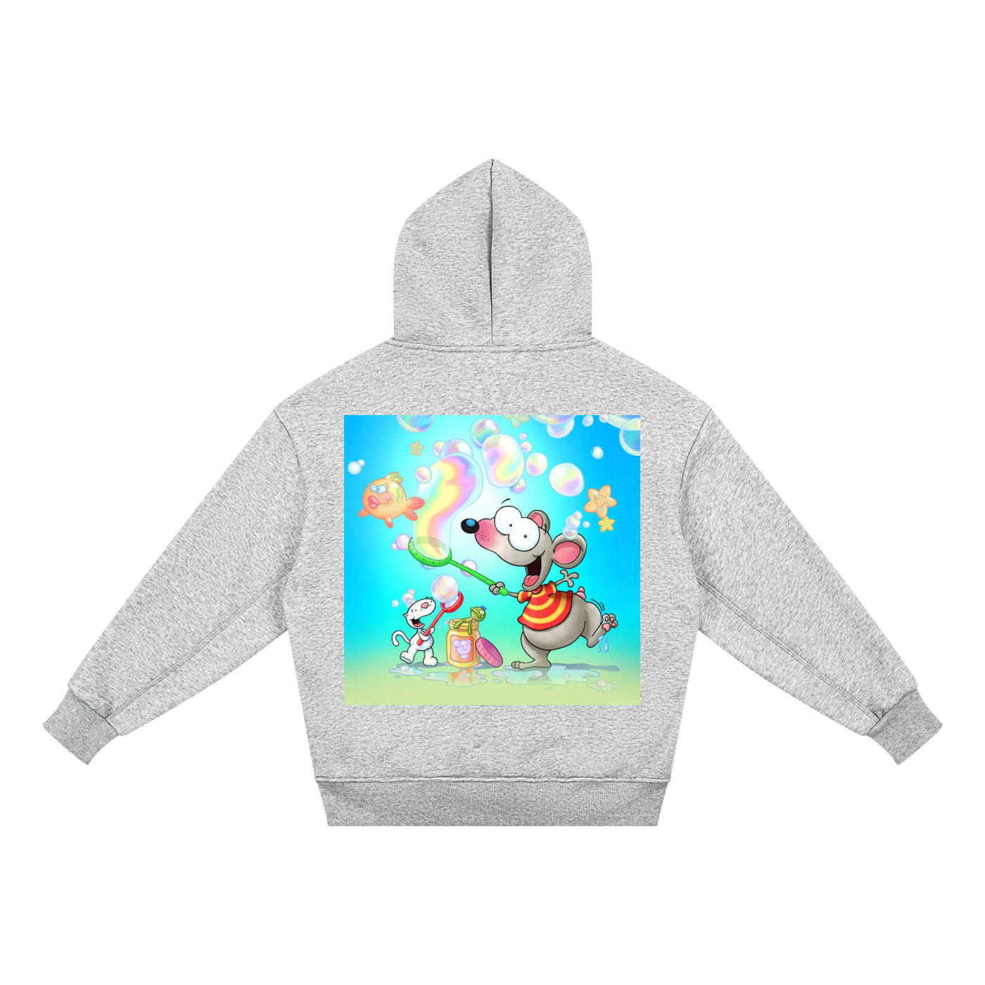 A light heather gray hoodie shown from the back, featuring a colorful cartoon graphic of a mouse, a rainbow, and balloons printed on the center back.