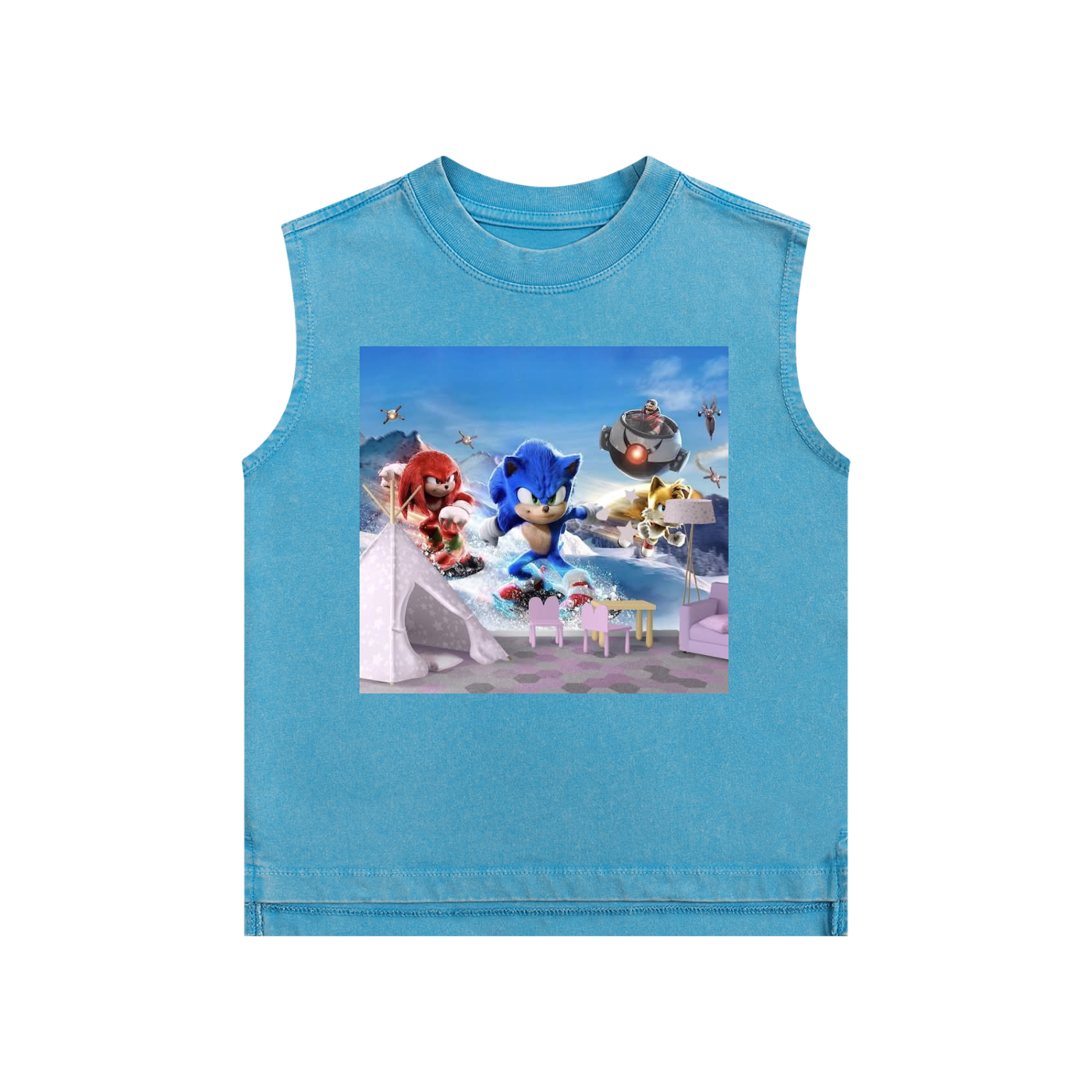 Blue sleeveless shirt with cartoon characters on a white background