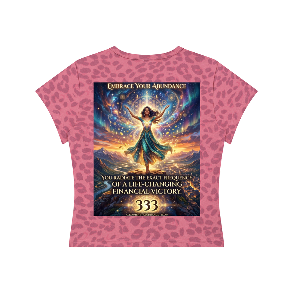 A pink short-sleeve t-shirt with a leopard print pattern and a large central graphic print. The graphic features a fantasy illustration of a woman surrounded by a golden aura and stars, with text that reads 'EMBRACE YOUR ABUNDANCE' and 'YOU RADIATE THE EXACT FREQUENCY OF A LIFE-CHANGING FINANCIAL VICTORY.