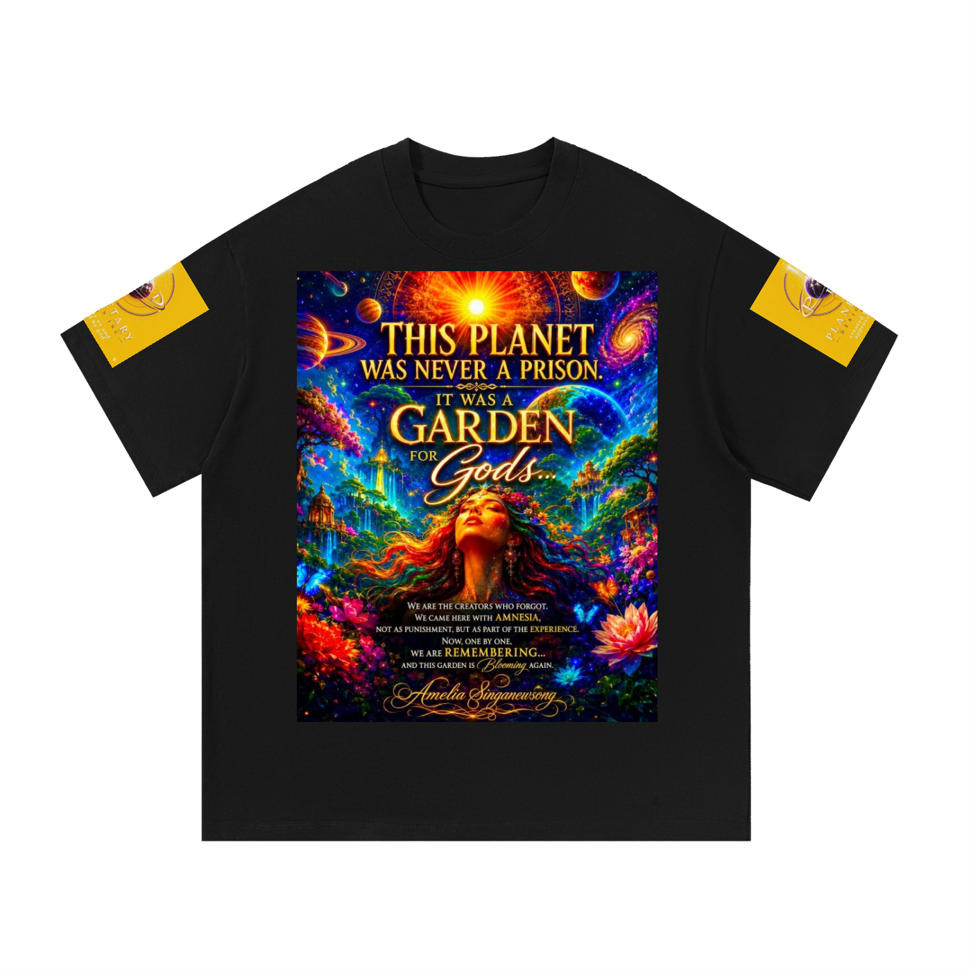 A black short-sleeve t-shirt with a large, vibrant cosmic-themed graphic on the front and yellow sleeve patches, displayed flat against a solid white background.