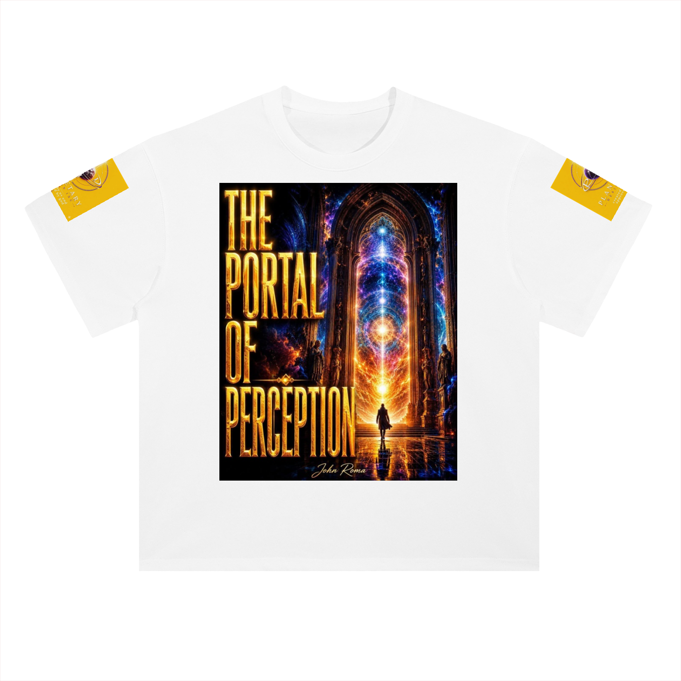 A white short-sleeve t-shirt featuring a large graphic print on the front titled 'THE PORTAL OF PERCEPTION' with a glowing fantasy cathedral scene and yellow sleeve patches, shown on a plain white background.