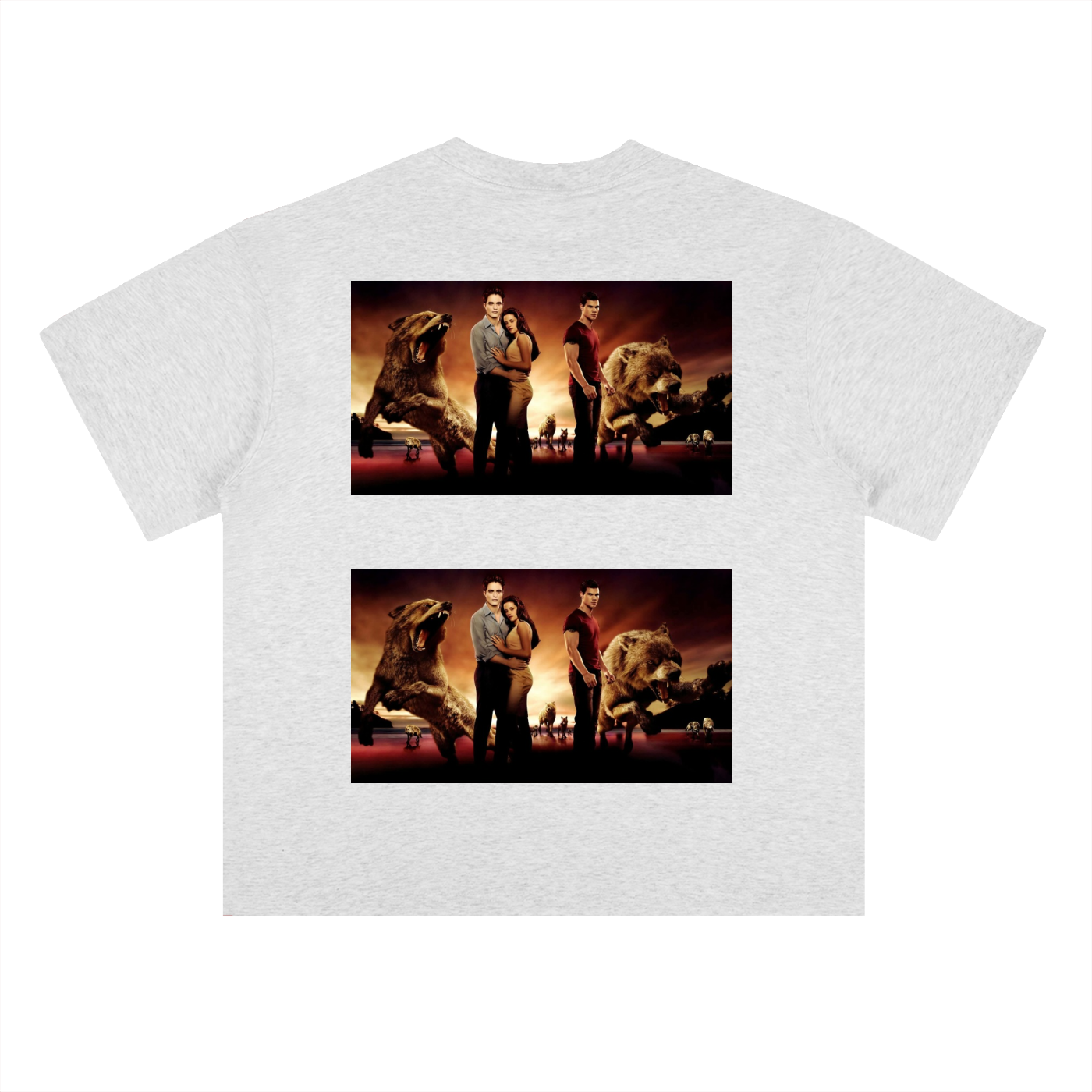 White t-shirt with graphic of two men and two lions on a white background