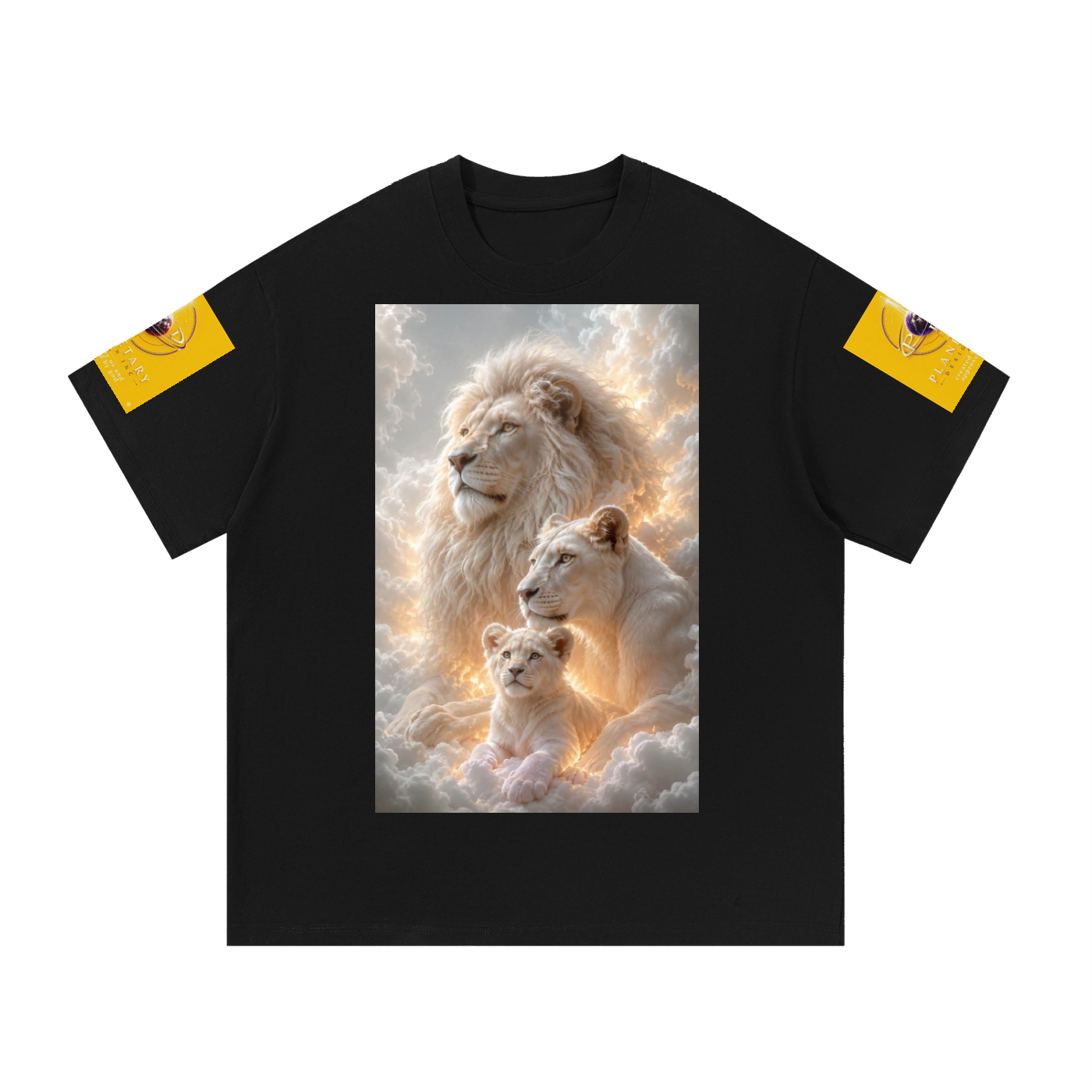 A black short-sleeve crewneck t-shirt featuring a large rectangular graphic print of a lion, lioness, and cub in a glowing cloud-like scene. Each sleeve has a yellow patch with a small circular graphic.