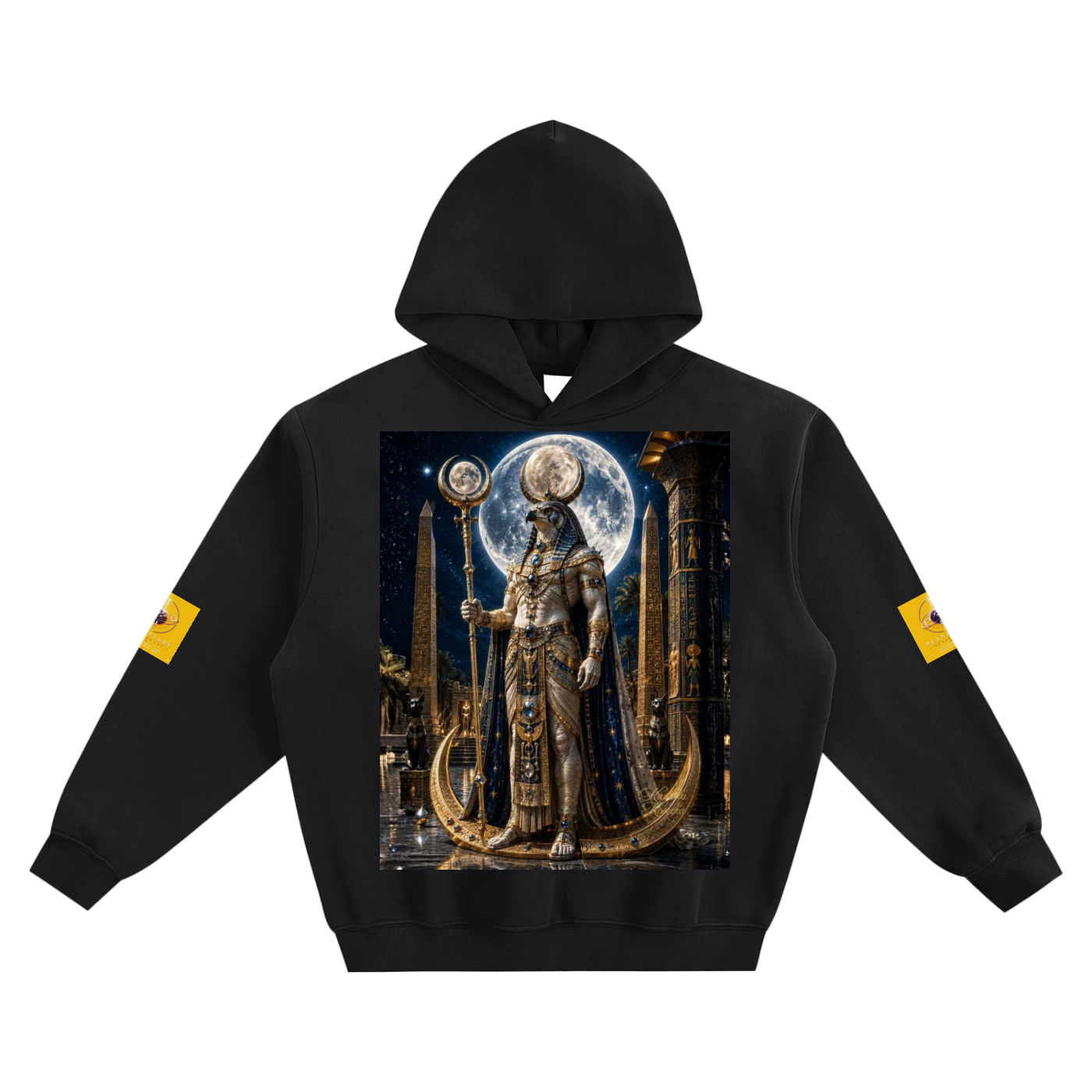 A black pullover hoodie with a large, detailed graphic print on the front depicting a steampunk-style figure under a full moon, with small yellow patches on both sleeves, shown against a plain white background.