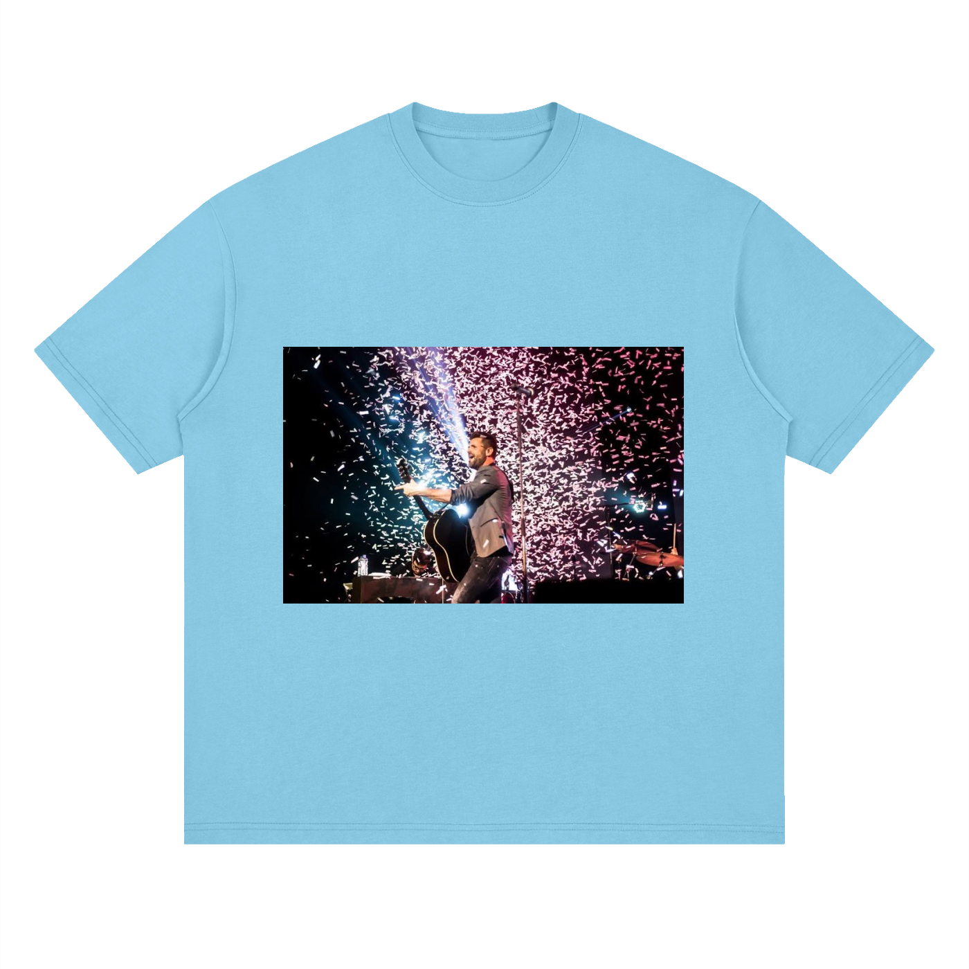 Light blue t-shirt with a graphic of a person holding fireworks on a white background