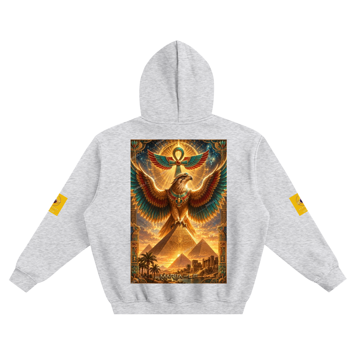 A light heather gray hoodie shown from the back, featuring a large rectangular graphic print of an Egyptian pharaoh with wings and pyramids in the center, plus small yellow sleeve patches on both arms, against a plain white background.