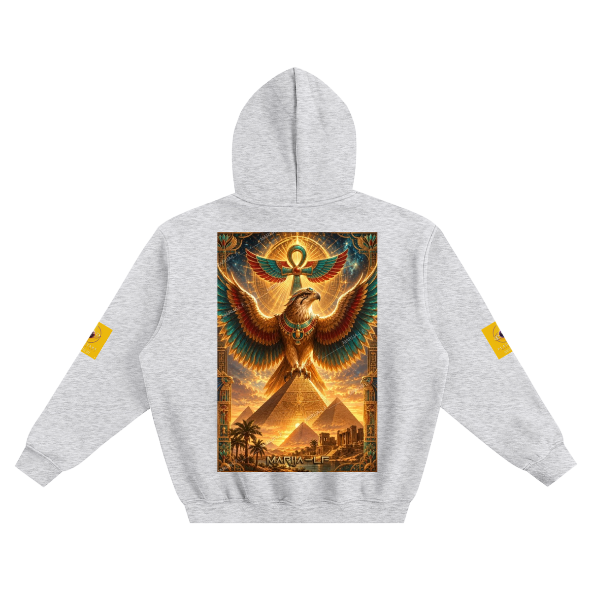 A light heather gray hoodie shown from the back, featuring a large rectangular graphic print of an Egyptian pharaoh with wings and pyramids in the center, plus small yellow sleeve patches on both arms, against a plain white background.