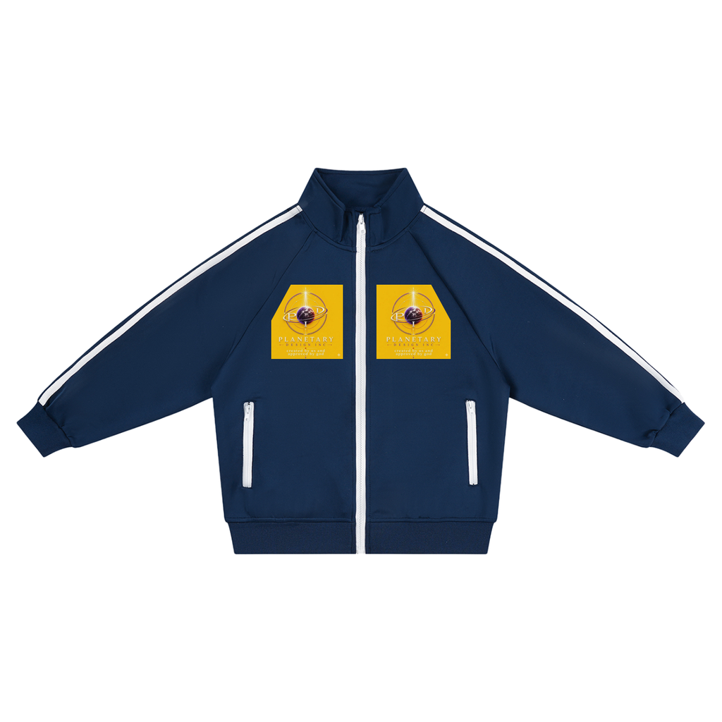 Navy blue tracksuit jacket with white stripes and yellow patches on a white background