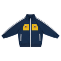 Navy blue tracksuit jacket with white stripes and yellow patches on a white background
