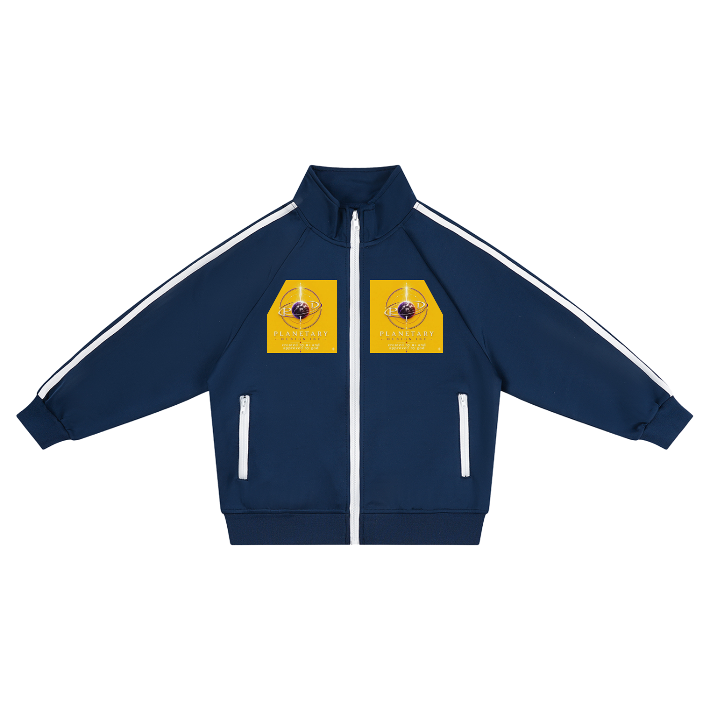 Navy blue tracksuit jacket with white stripes and yellow patches on a white background