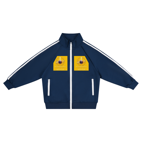 Navy blue tracksuit jacket with white stripes and yellow patches on a white background