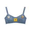 Blue bra with brand logos on a white background