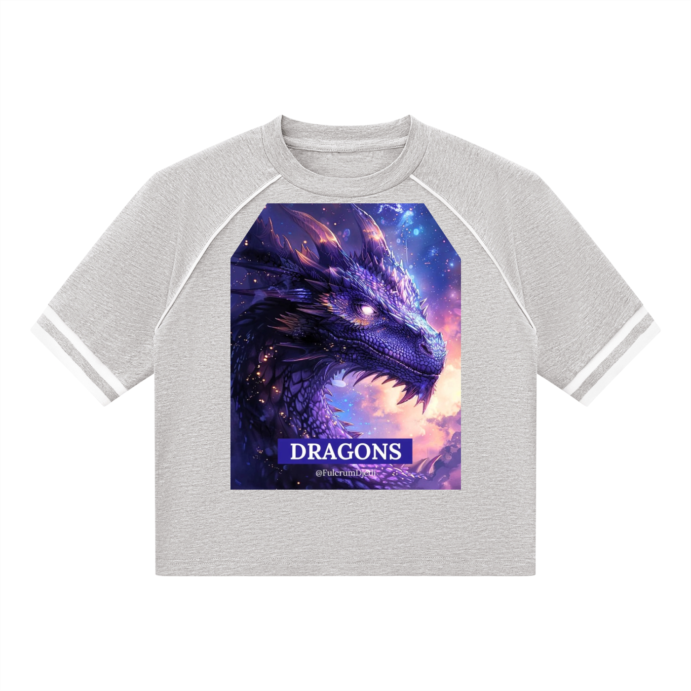 A light gray raglan t-shirt with white contrast stitching on the sleeves and collar, featuring a large graphic print of a purple dragon on the front with the text 'DRAGONS' and 'JACKSON HOLE'.
