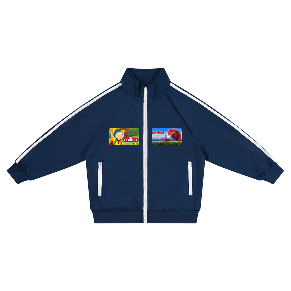 Navy blue track jacket with white stripes on sleeves and chest, featuring cartoon character logos.