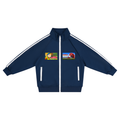 Navy blue track jacket with white stripes on sleeves and chest, featuring cartoon character logos.