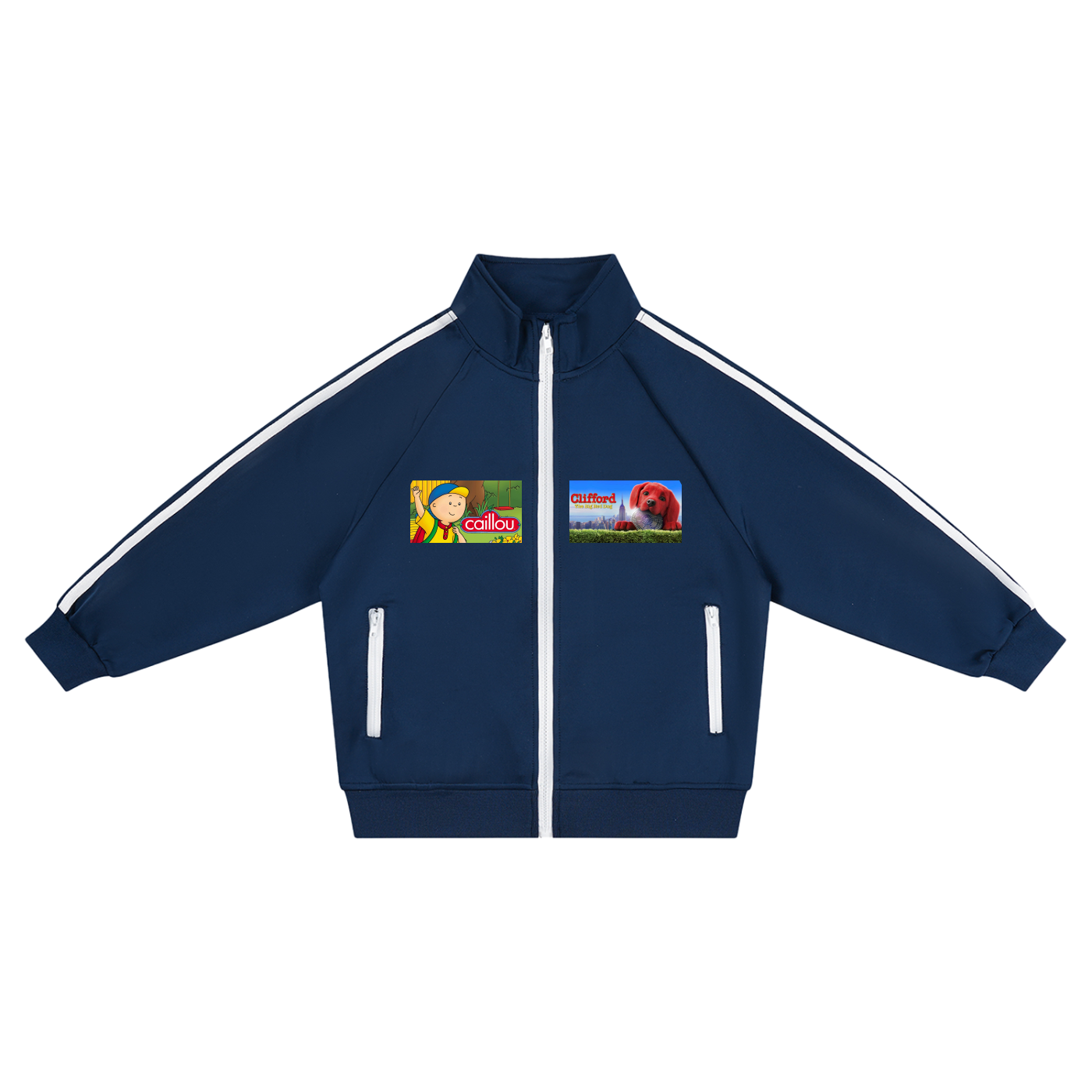 Navy blue track jacket with white stripes on sleeves and chest, featuring cartoon character logos.
