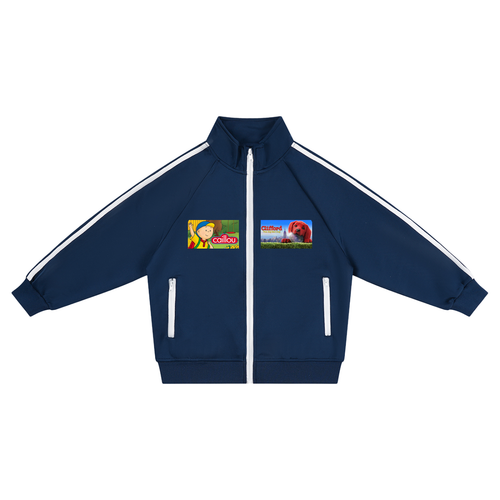 Navy blue track jacket with white stripes on sleeves and chest, featuring cartoon character logos.