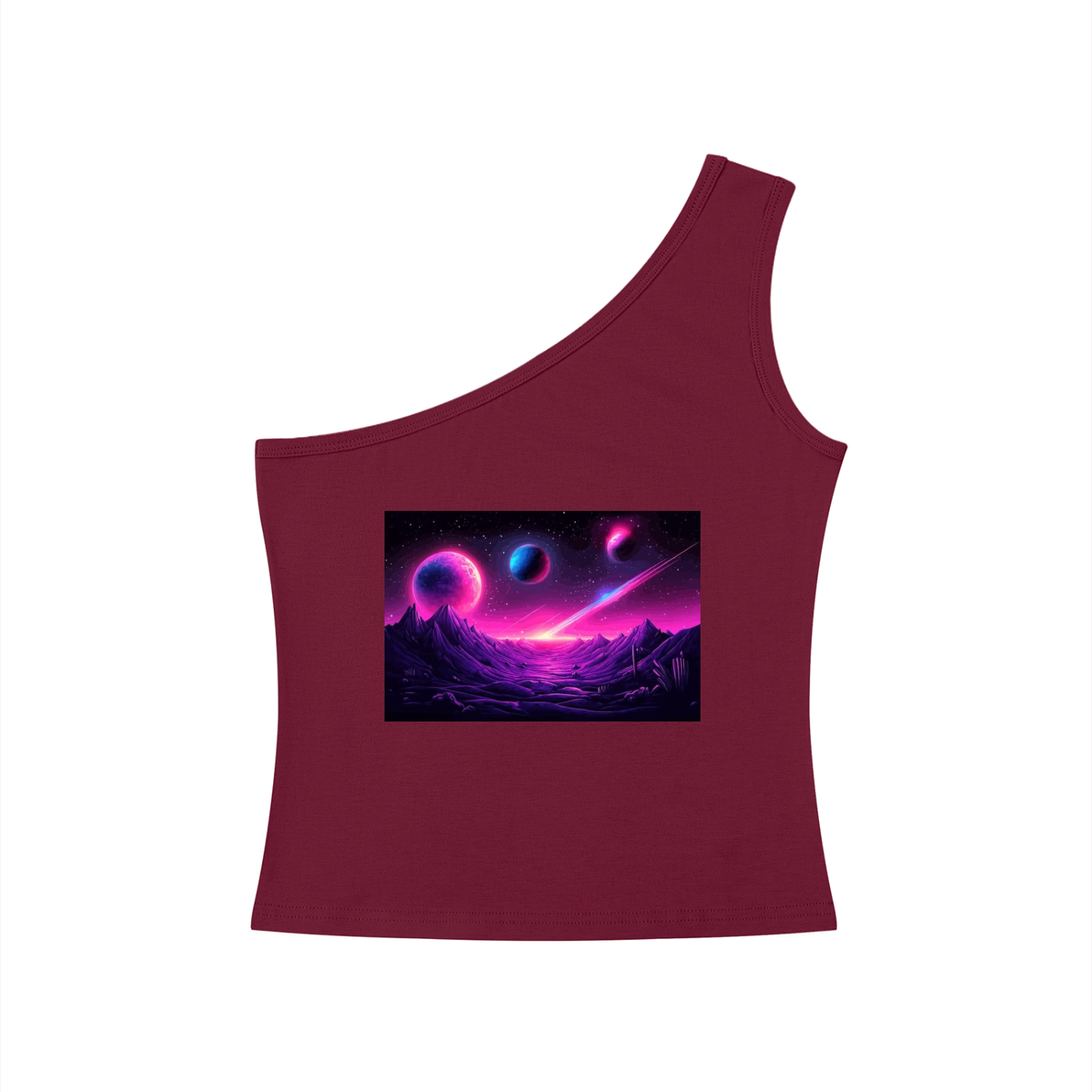 Maroon one-shoulder tank top with a space-themed graphic on a white background