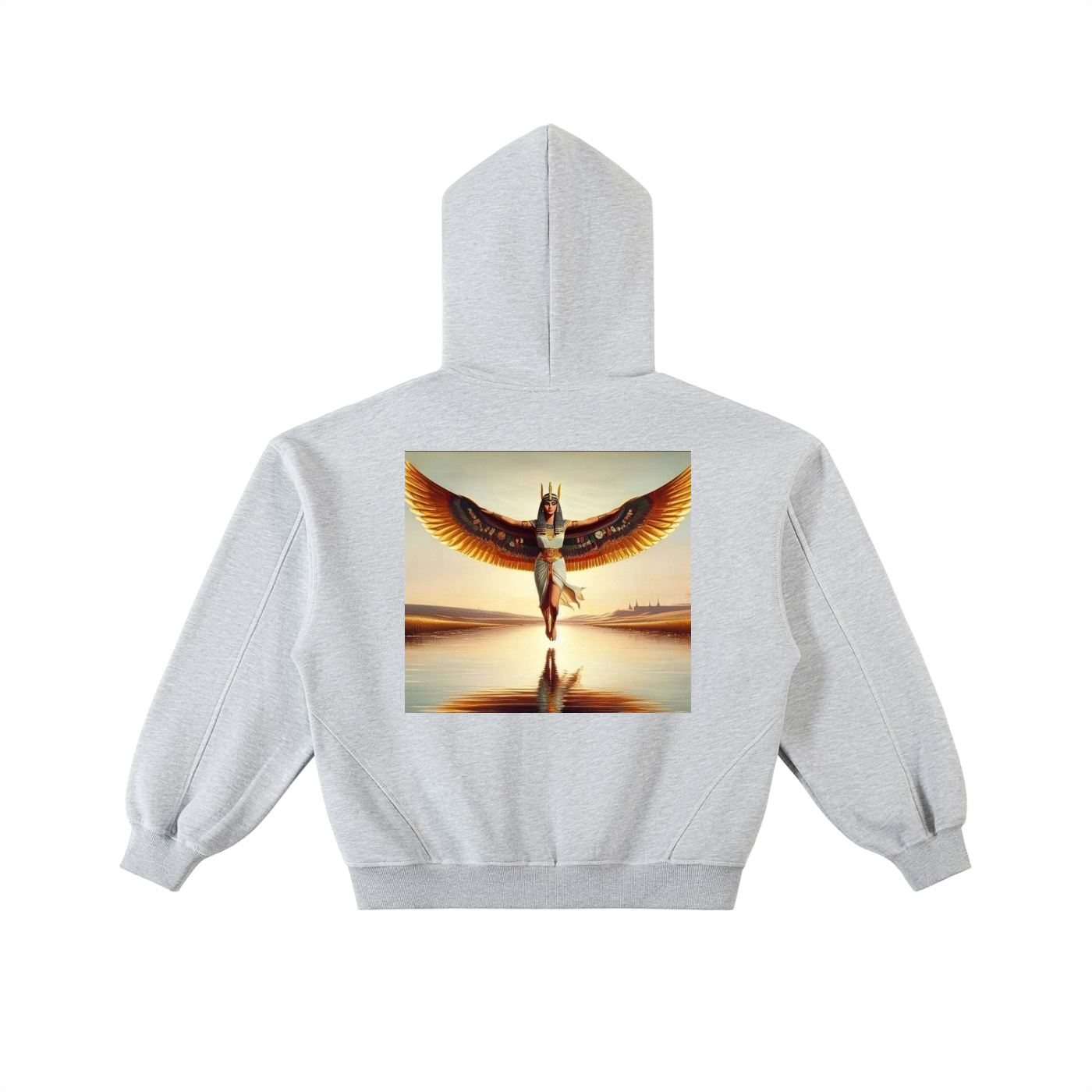 A light gray heather hoodie shown from the back, featuring a large square graphic print of a winged goddess figure standing in water under a warm sunset sky.