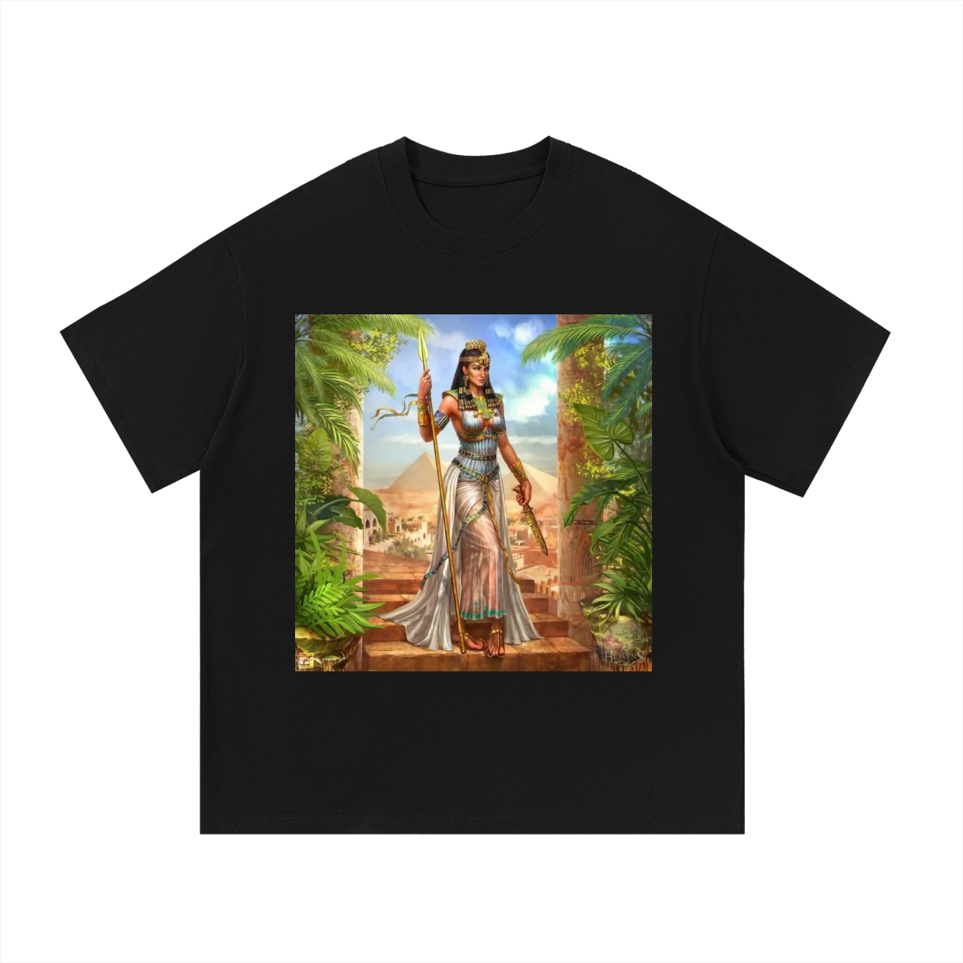 Black t-shirt with an Egyptian-themed graphic on a white background