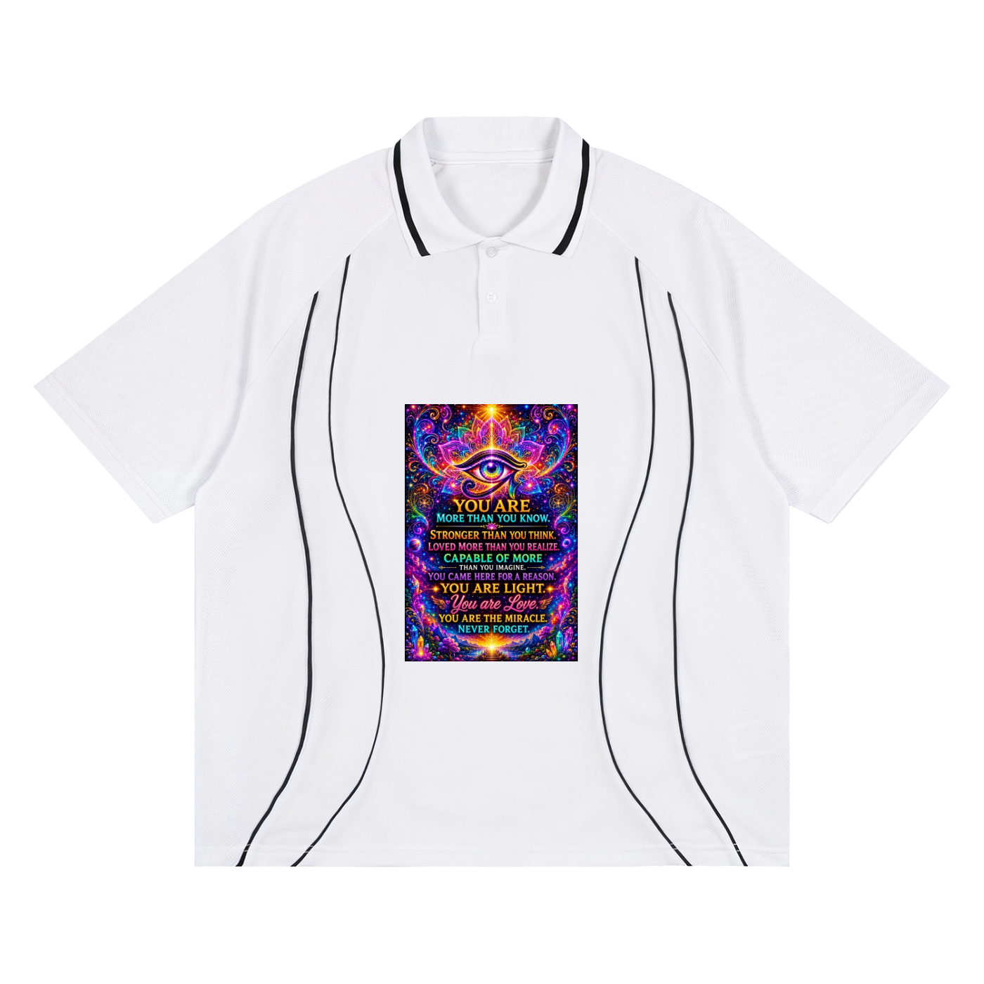 A white short-sleeve polo shirt with black piping details on the collar and sides, featuring a colorful cosmic eye graphic with text on the chest.