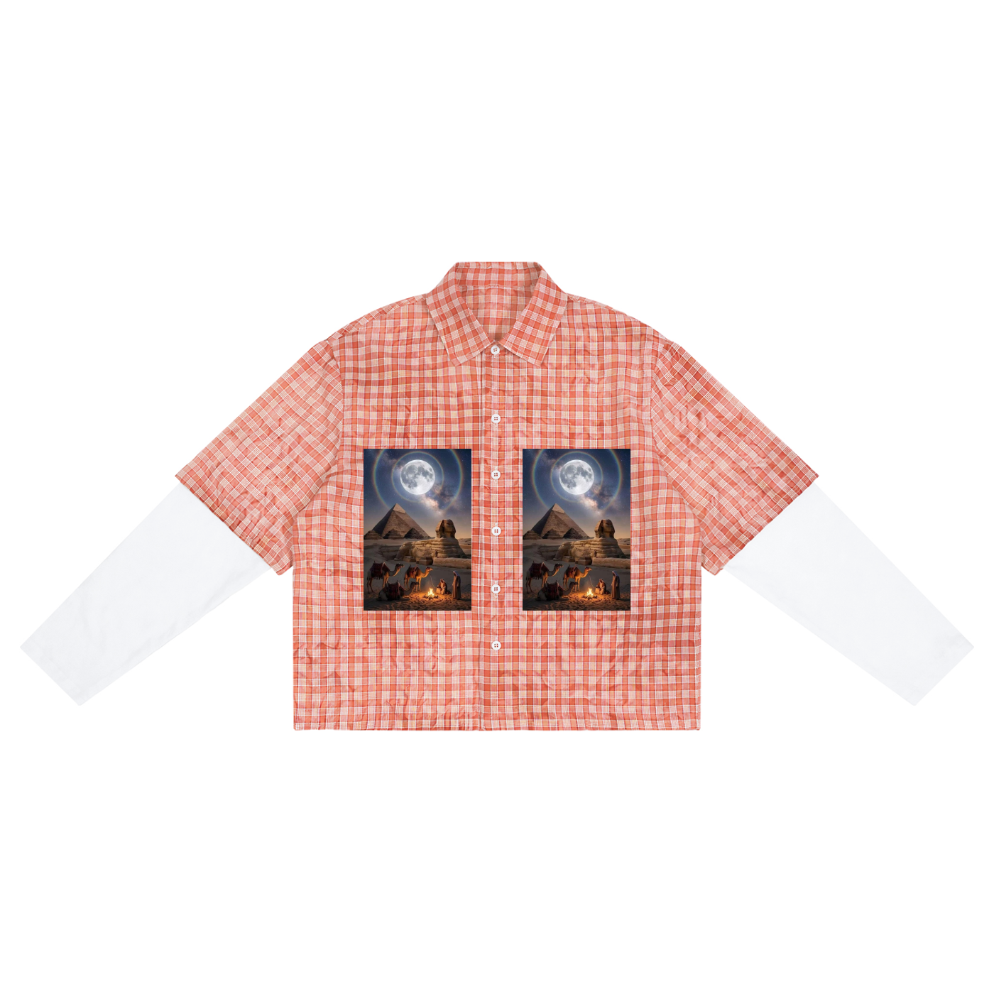 A short-sleeve button-up shirt with a red and white gingham pattern, featuring two rectangular desert landscape prints under a full moon on the chest, with white long sleeves extending from the sides, shown on a plain white background.