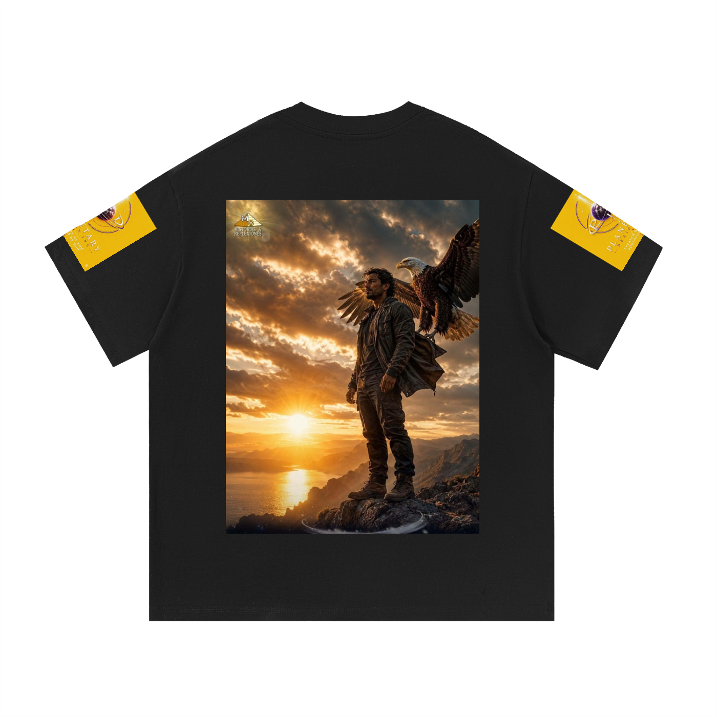 A black short-sleeve t-shirt with a large rectangular graphic print on the back showing a man with a large eagle on his shoulders against a dramatic sunset sky. The sleeves feature yellow graphic patches with circular logos.