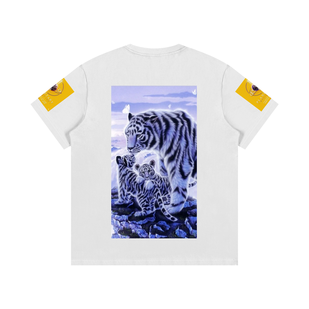 White t-shirt with a graphic of two tigers on a white background
