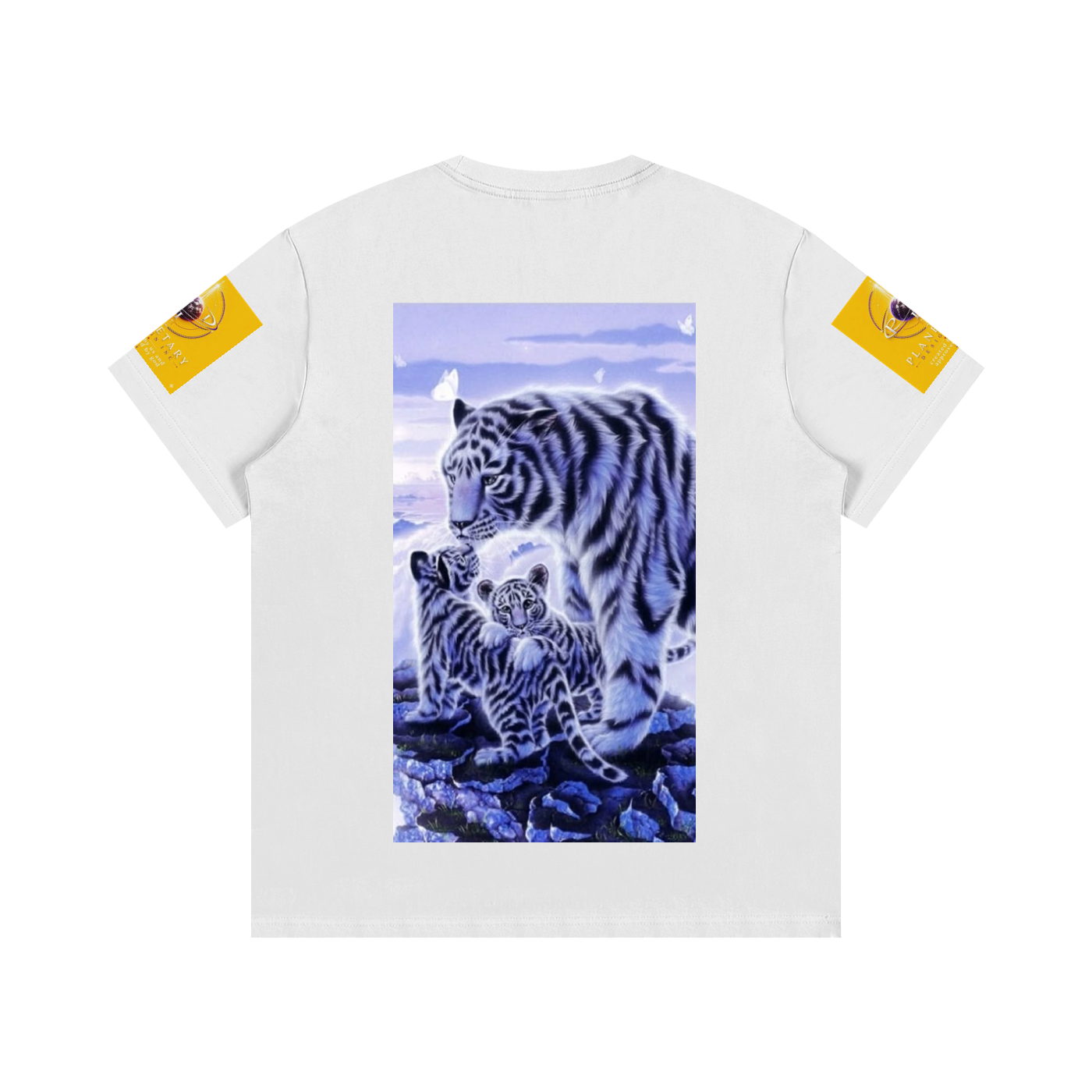White t-shirt with a graphic of two tigers on a white background