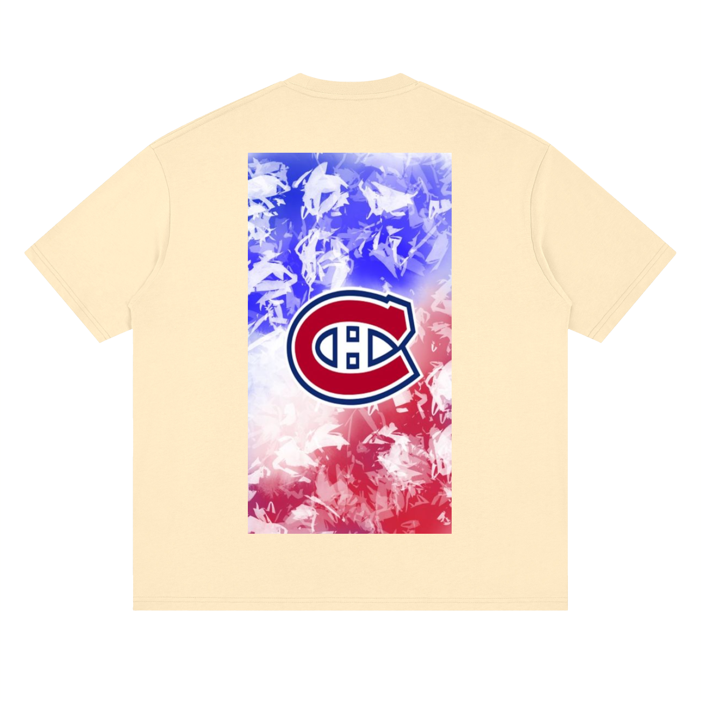 Beige t-shirt with a colorful graphic and Montreal Canadiens logo on a white background