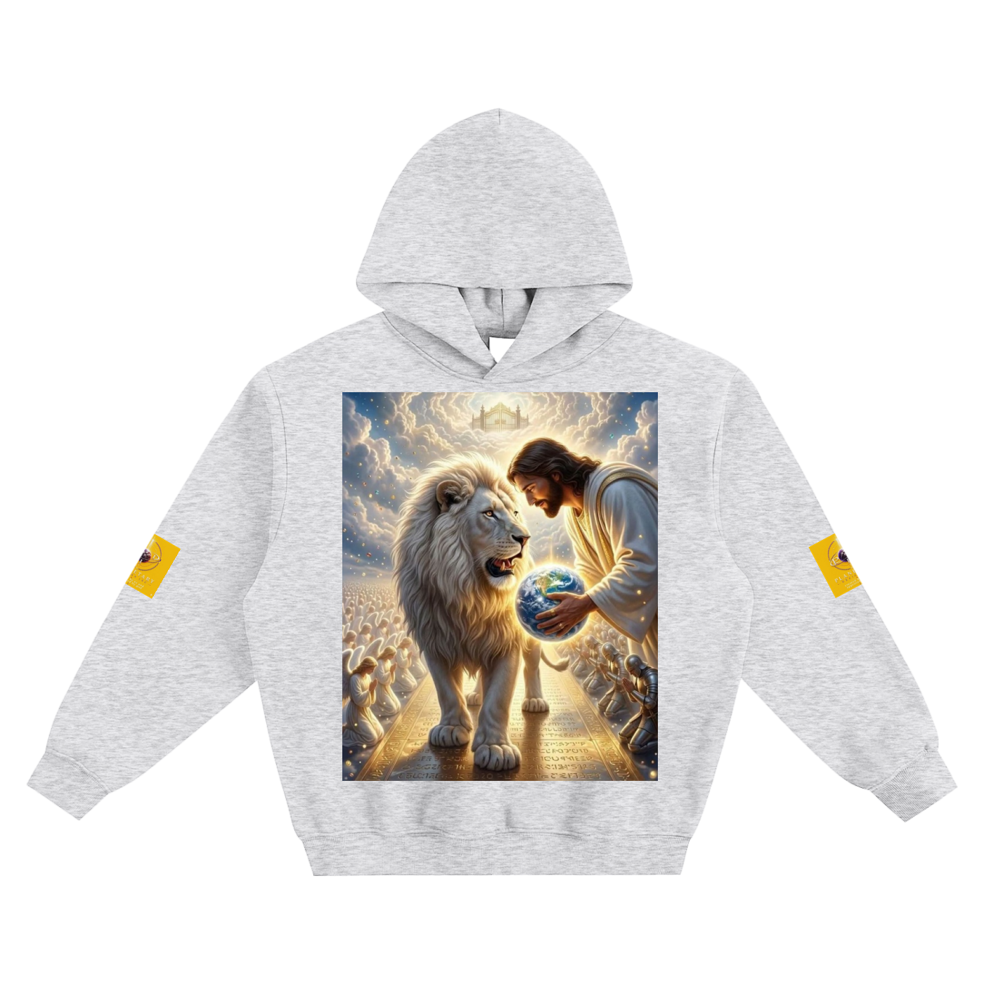 Gray hoodie with a graphic of a man holding a globe next to a lion on a white background