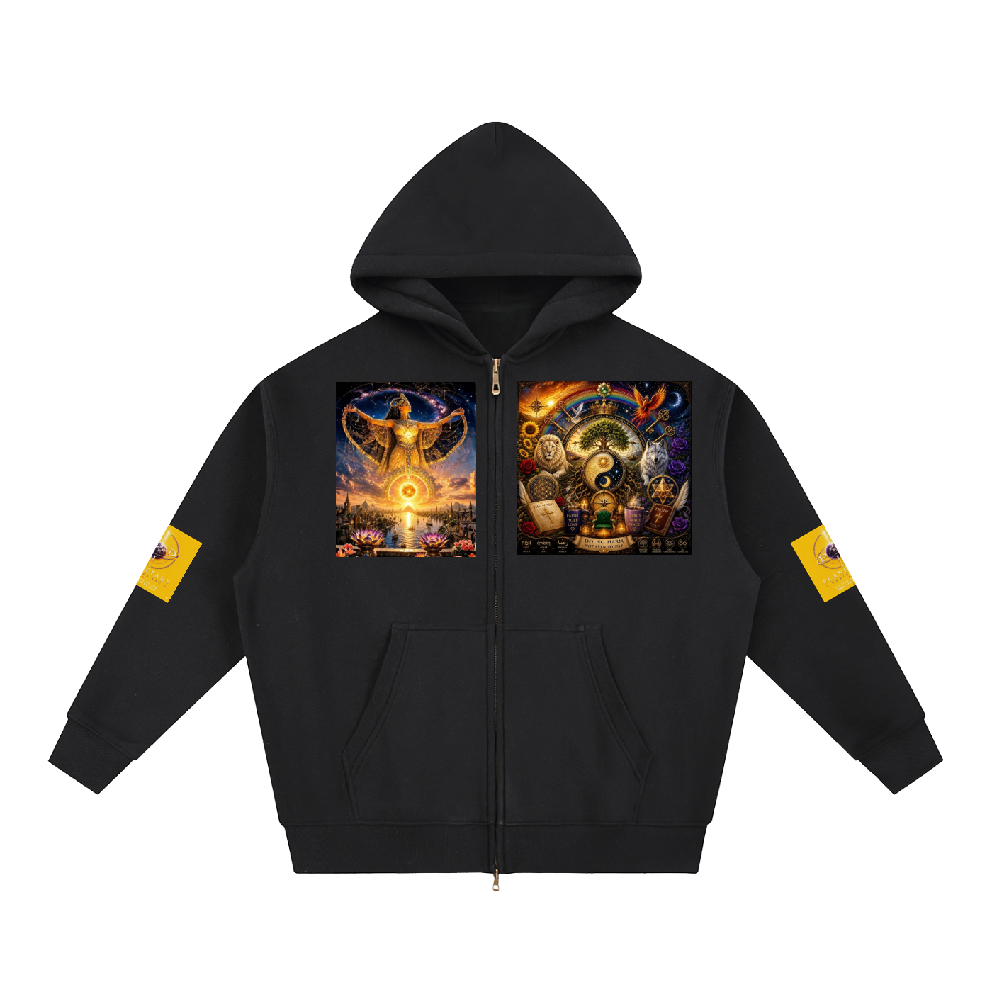 A black zip-up hoodie with a full-length front zipper, kangaroo pockets, and two large colorful graphic prints on the chest. Each print features mystical imagery, including a glowing eye and a cosmic scene.