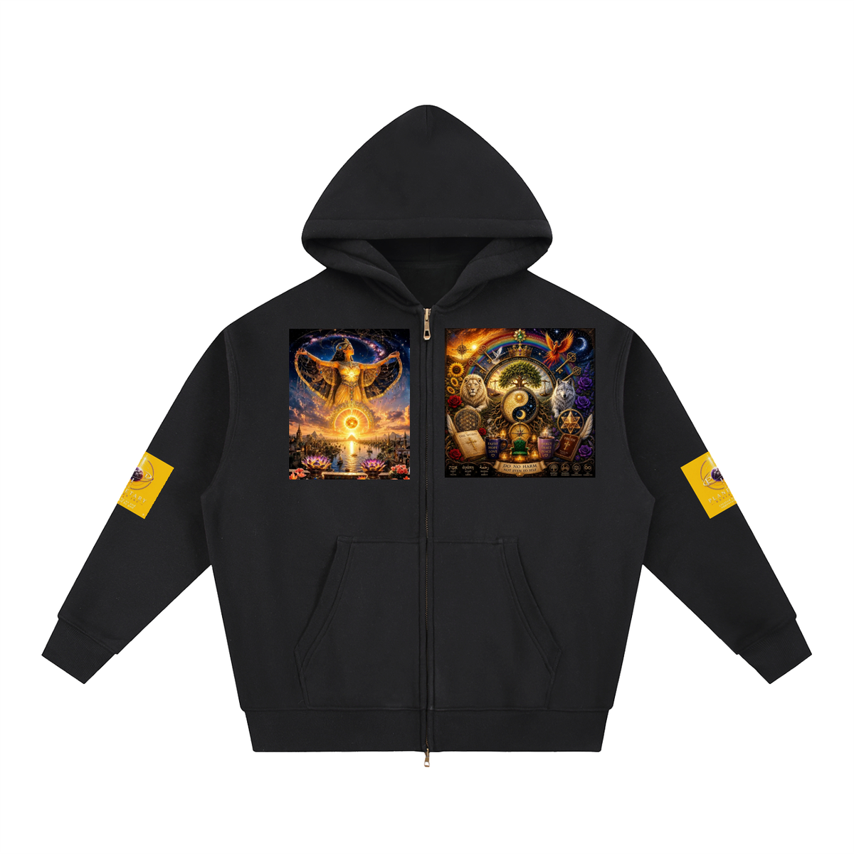 A black zip-up hoodie with a full-length front zipper, kangaroo pockets, and two large colorful graphic prints on the chest. Each print features mystical imagery, including a glowing eye and a cosmic scene.