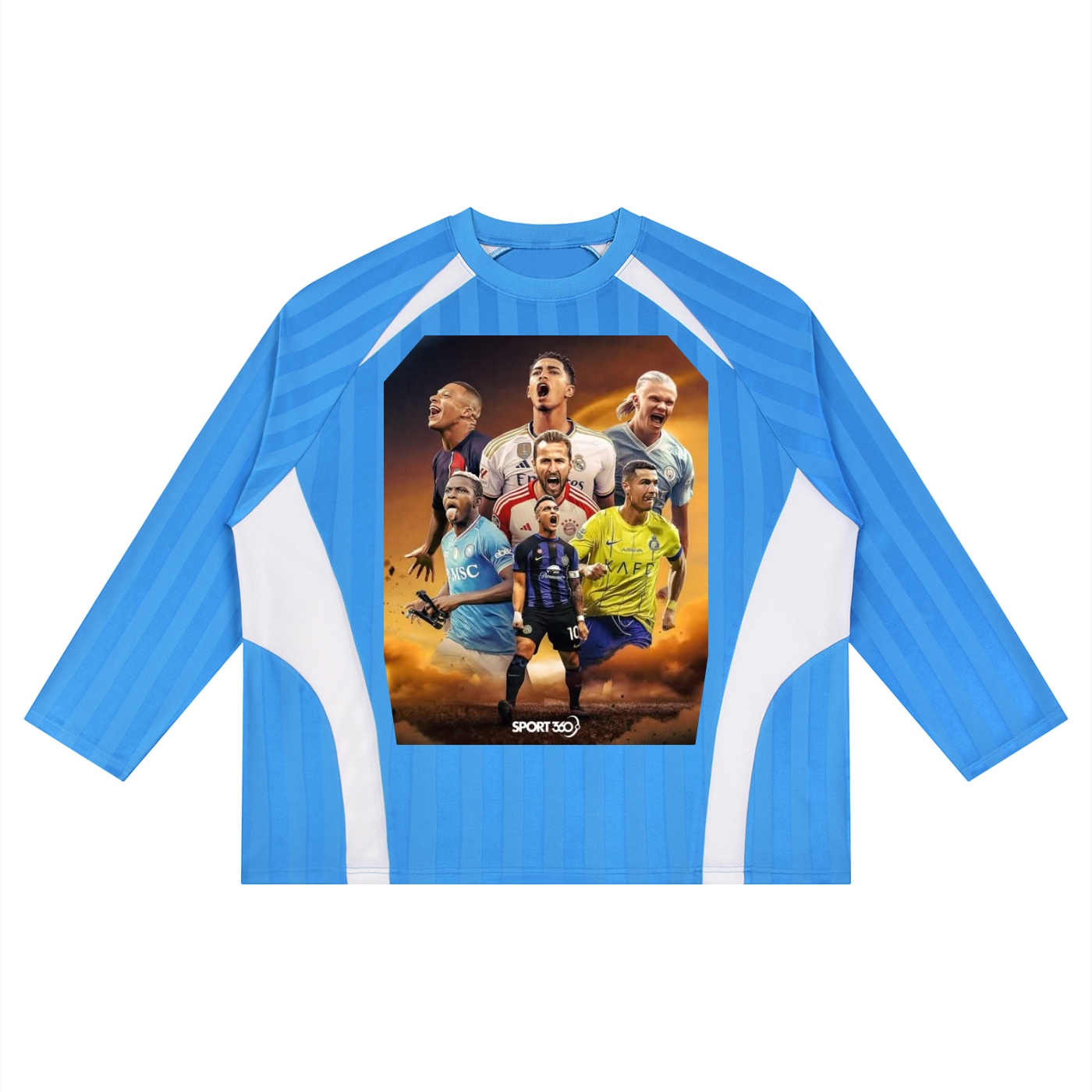Blue sports jersey with a graphic of soccer players on a white background