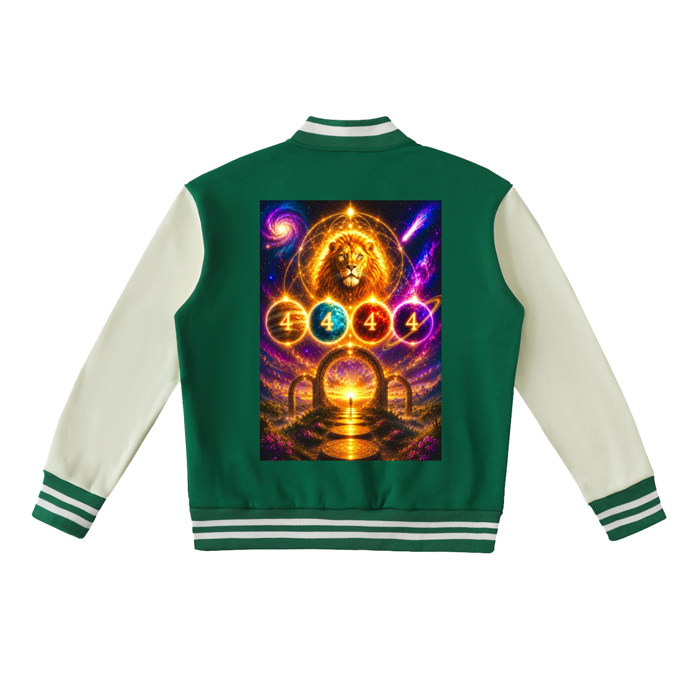 A green and cream varsity jacket shown from the back, featuring a large, vibrant cosmic lion graphic with the number 4 repeated in circular frames on the back panel.