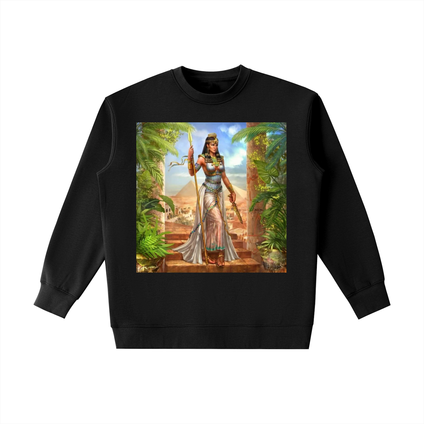 Black sweatshirt with an Egyptian-themed graphic on a white background