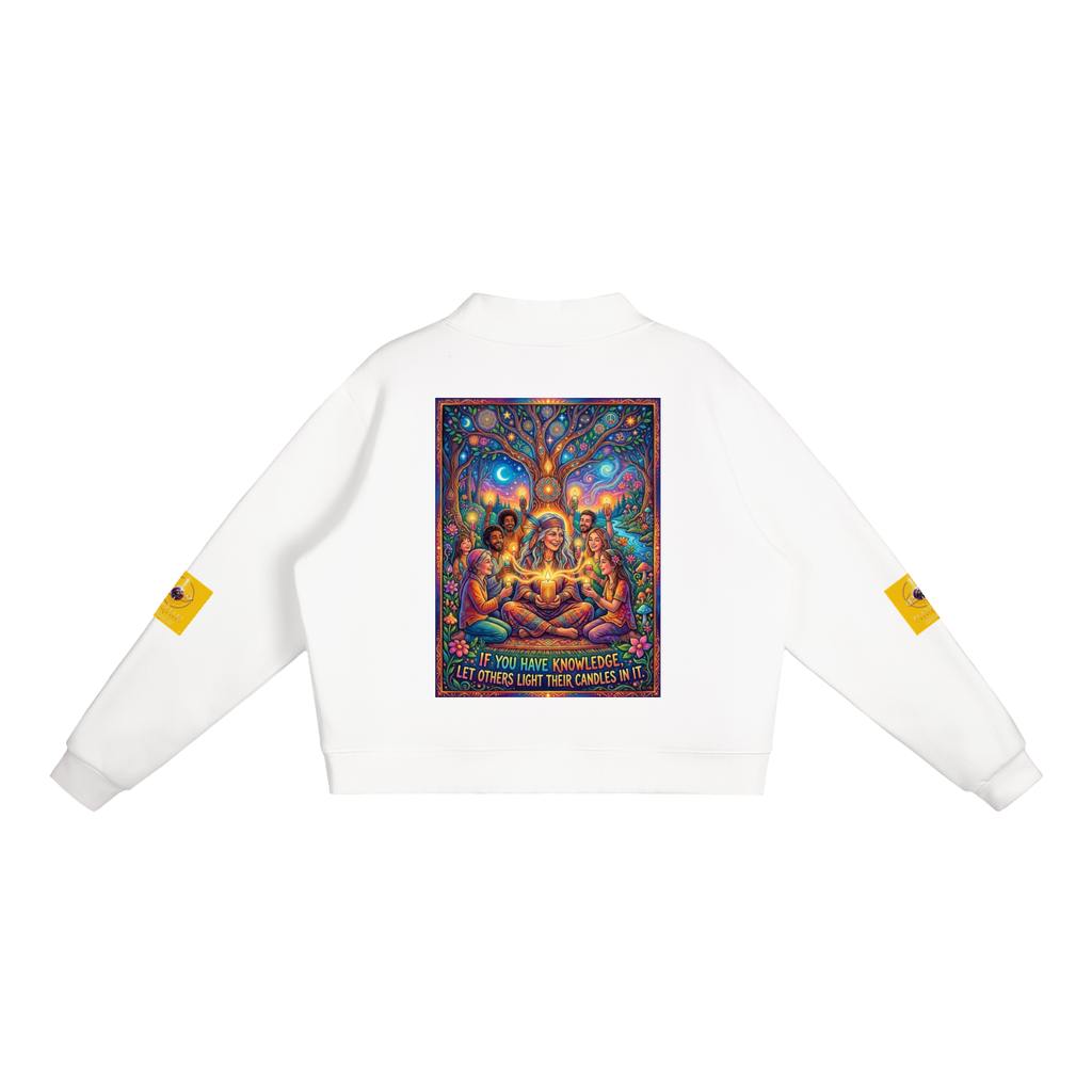 A white long-sleeve sweatshirt shown from the back, featuring a large colorful graphic print in the center with a tree of life and seated figures, plus small yellow patches on both sleeves.