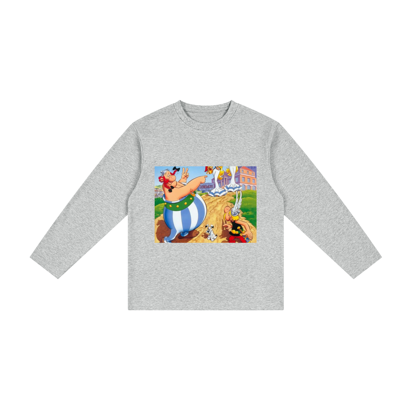 Gray long-sleeve shirt with a colorful graphic of a cartoon character on a white background
