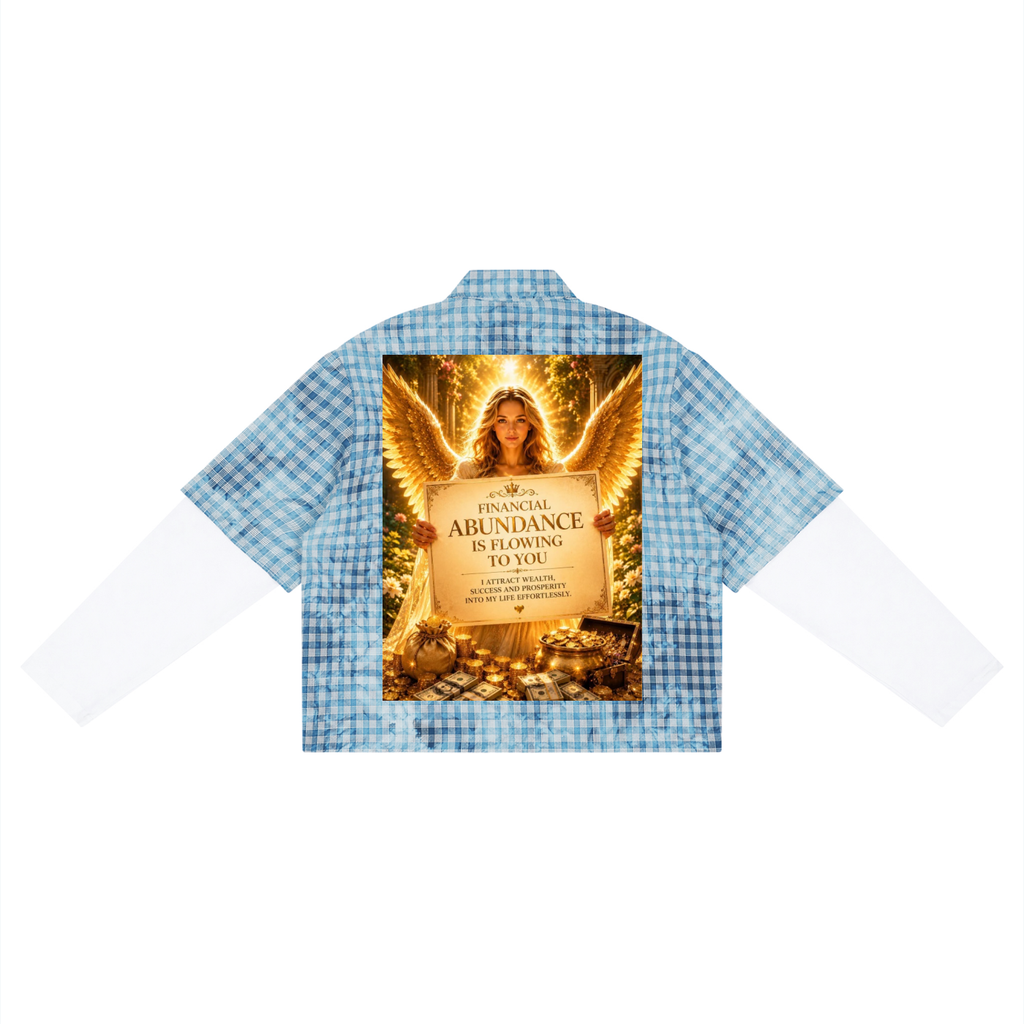 A children's long-sleeve button-up shirt with a light blue and white gingham pattern, featuring a large graphic print on the back depicting an angel with wings and a sign that reads 'Financial Abundance is Flowing to You'.