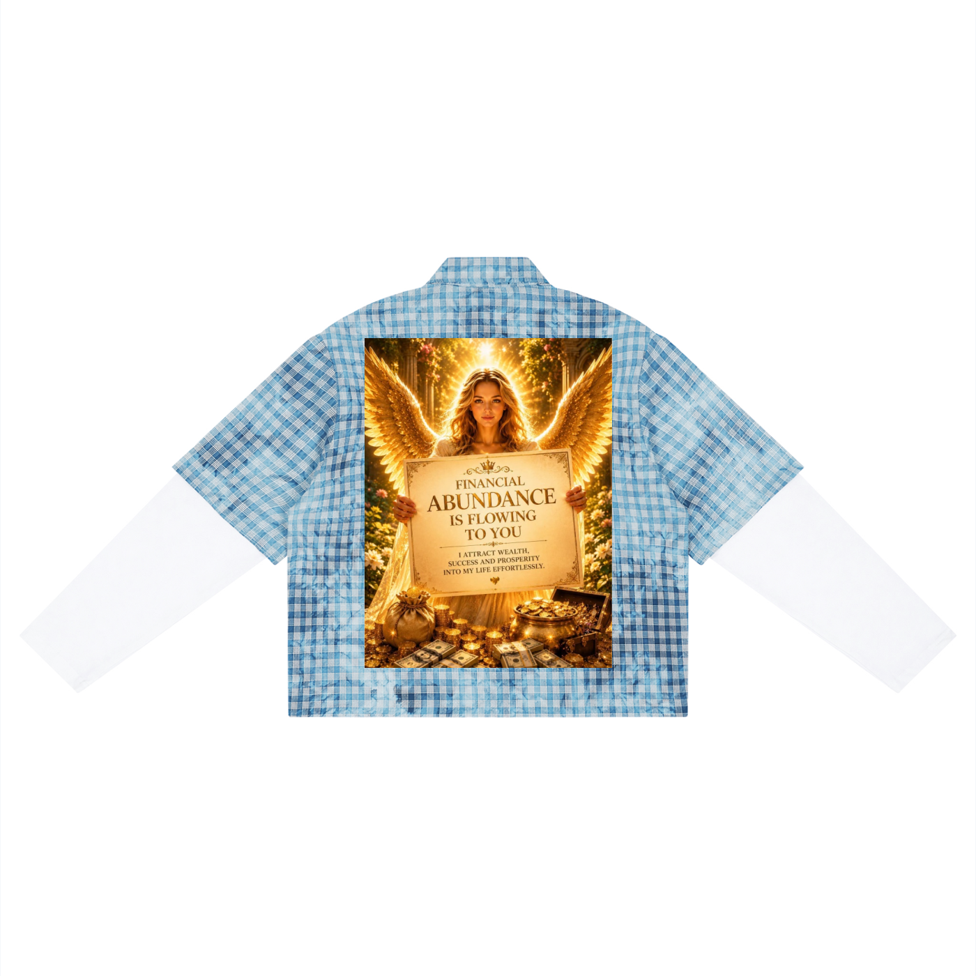 A children's long-sleeve button-up shirt with a light blue and white gingham pattern, featuring a large graphic print on the back depicting an angel with wings and a sign that reads 'Financial Abundance is Flowing to You'.