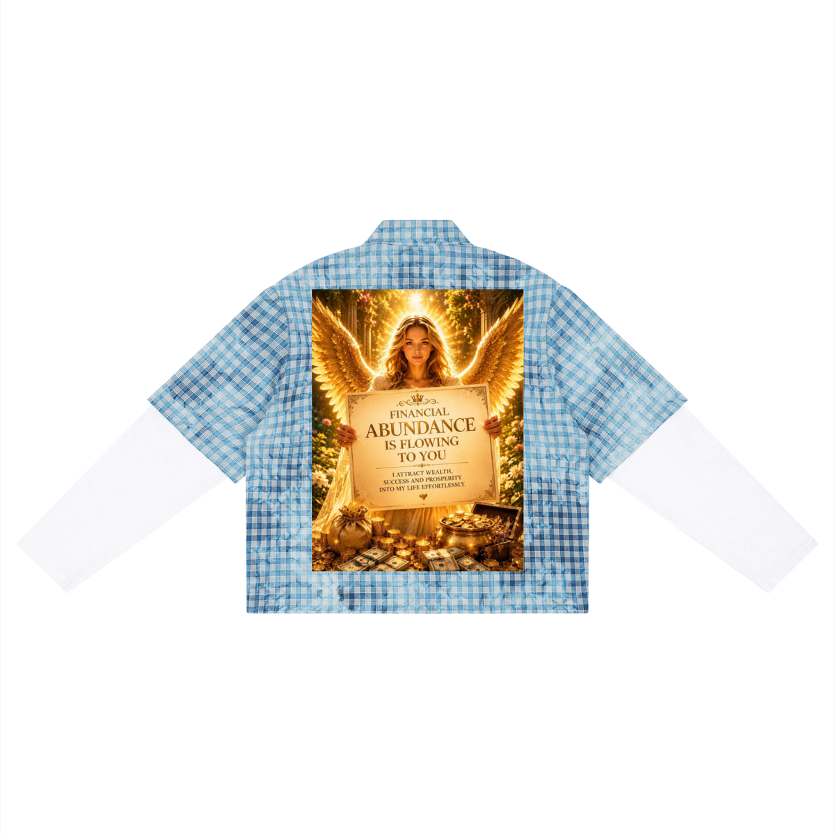 A children's long-sleeve button-up shirt with a light blue and white gingham pattern, featuring a large graphic print on the back depicting an angel with wings and a sign that reads 'Financial Abundance is Flowing to You'.