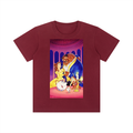 A maroon short-sleeve crewneck t-shirt featuring a colorful graphic print of Disney's Beauty and the Beast on the front, set against a plain white background.