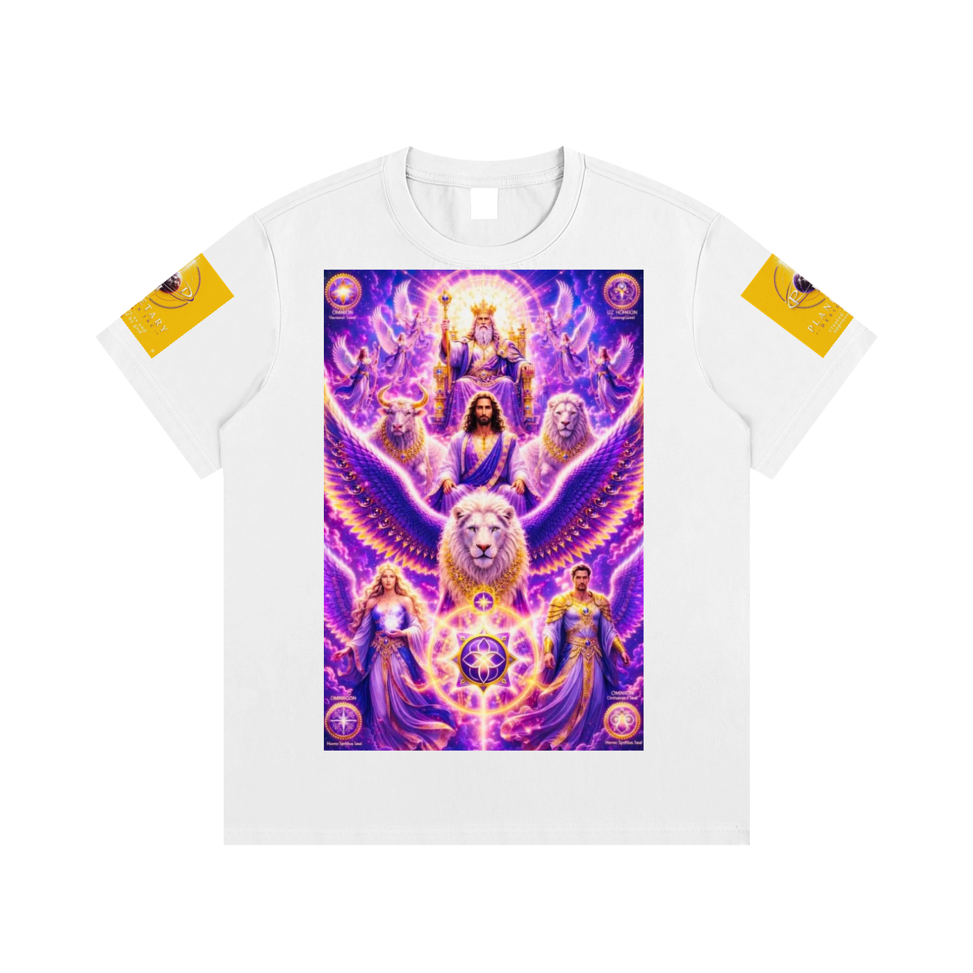 White t-shirt with a colorful graphic design featuring lions and celestial elements on a white background.
