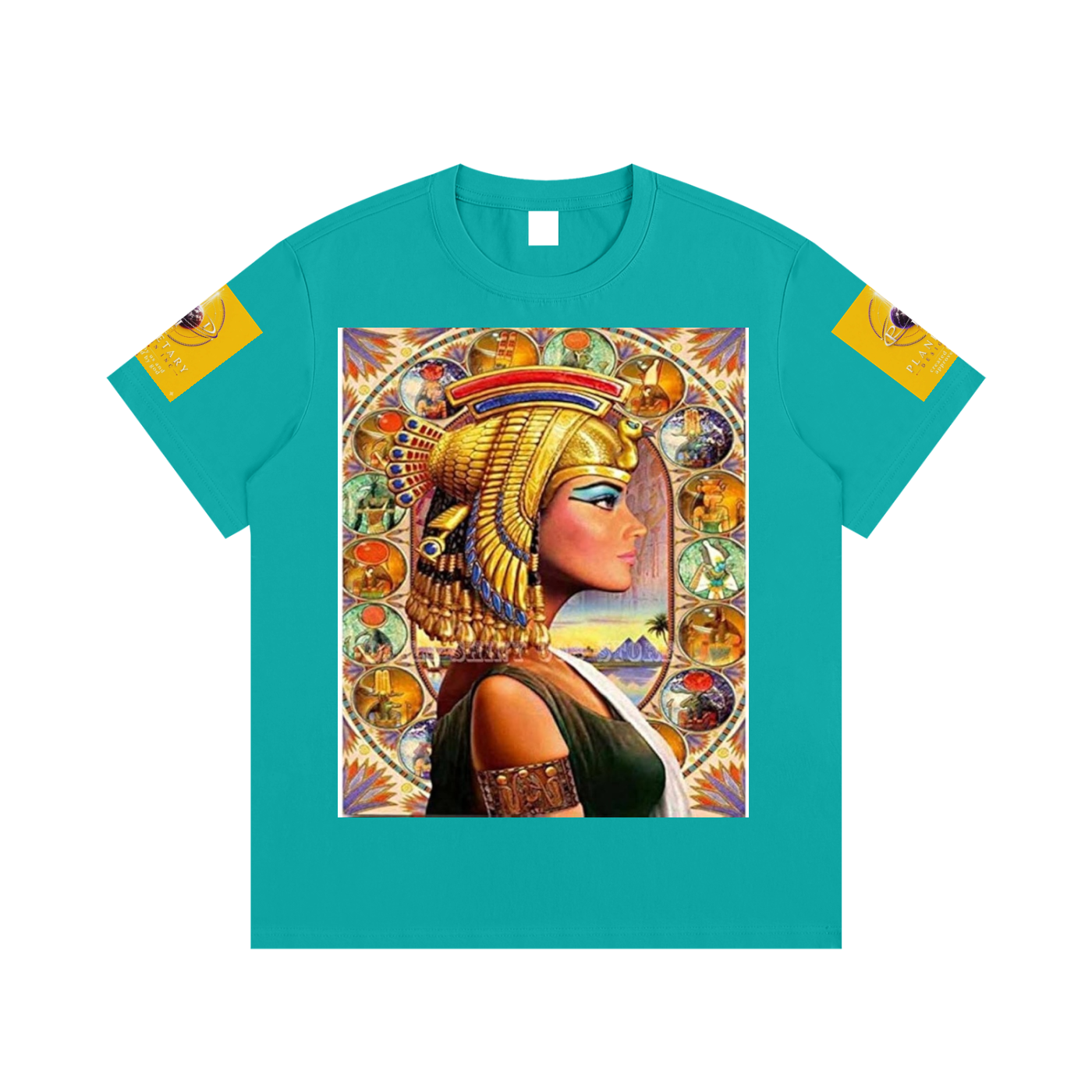 Teal t-shirt with an Egyptian-themed graphic design on a white background