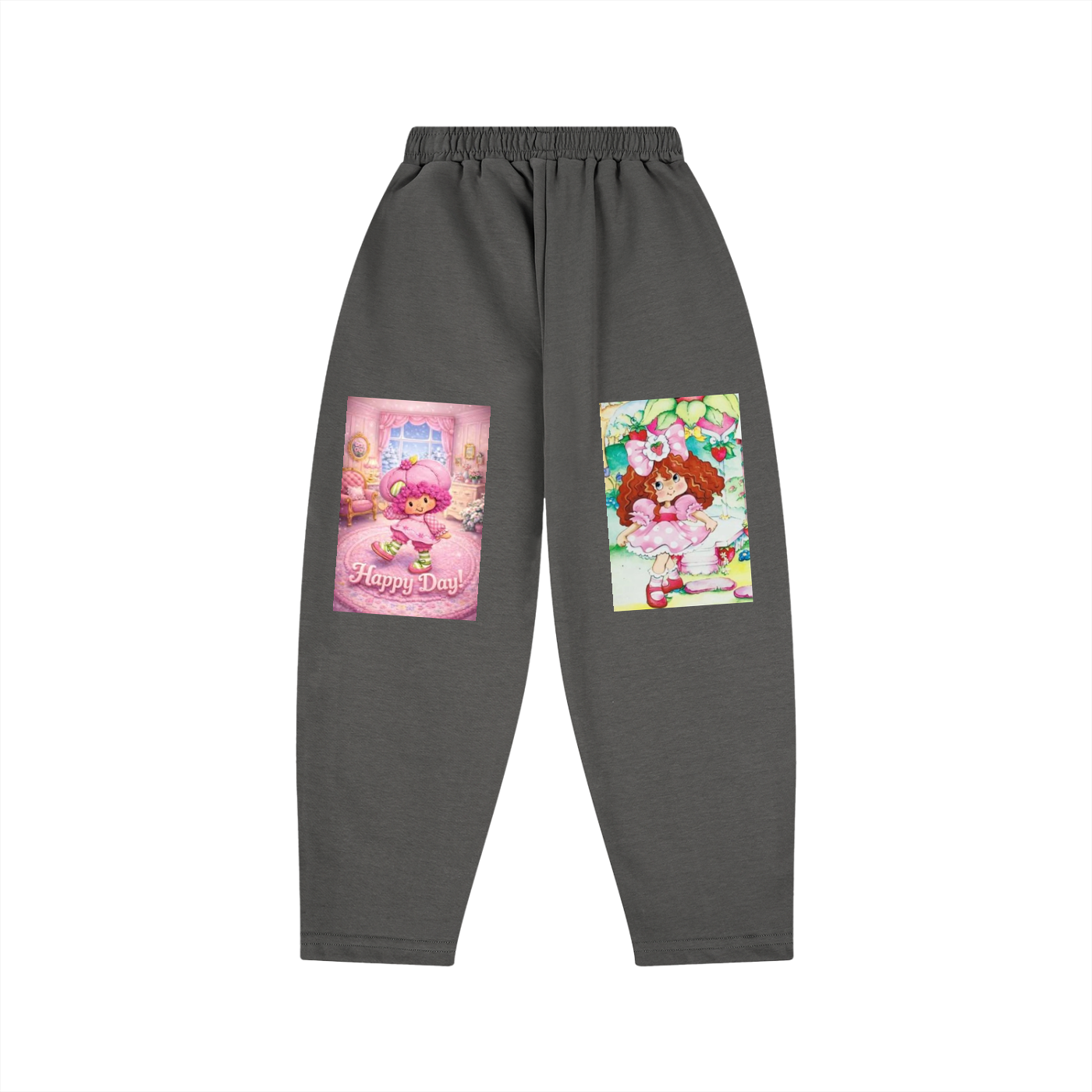 Gray sweatpants with cartoon character prints on a white background