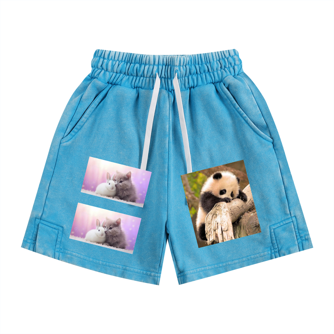 Blue shorts with images of a panda and two cats on a white background