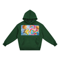 Green hoodie with a colorful cartoon design on a white background