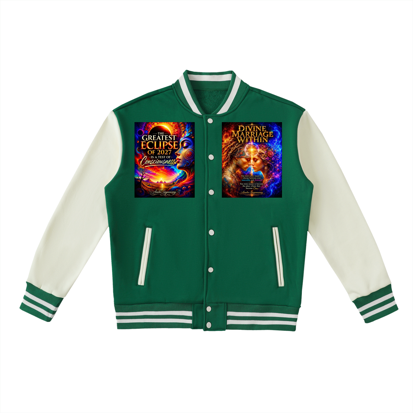 A green and cream varsity jacket featuring two colorful graphic prints on the chest. The left print reads 'GREATEST ECLIPSE OF ALL TIME' and the right print reads 'GREAT MOTHER AWAKENING'.
